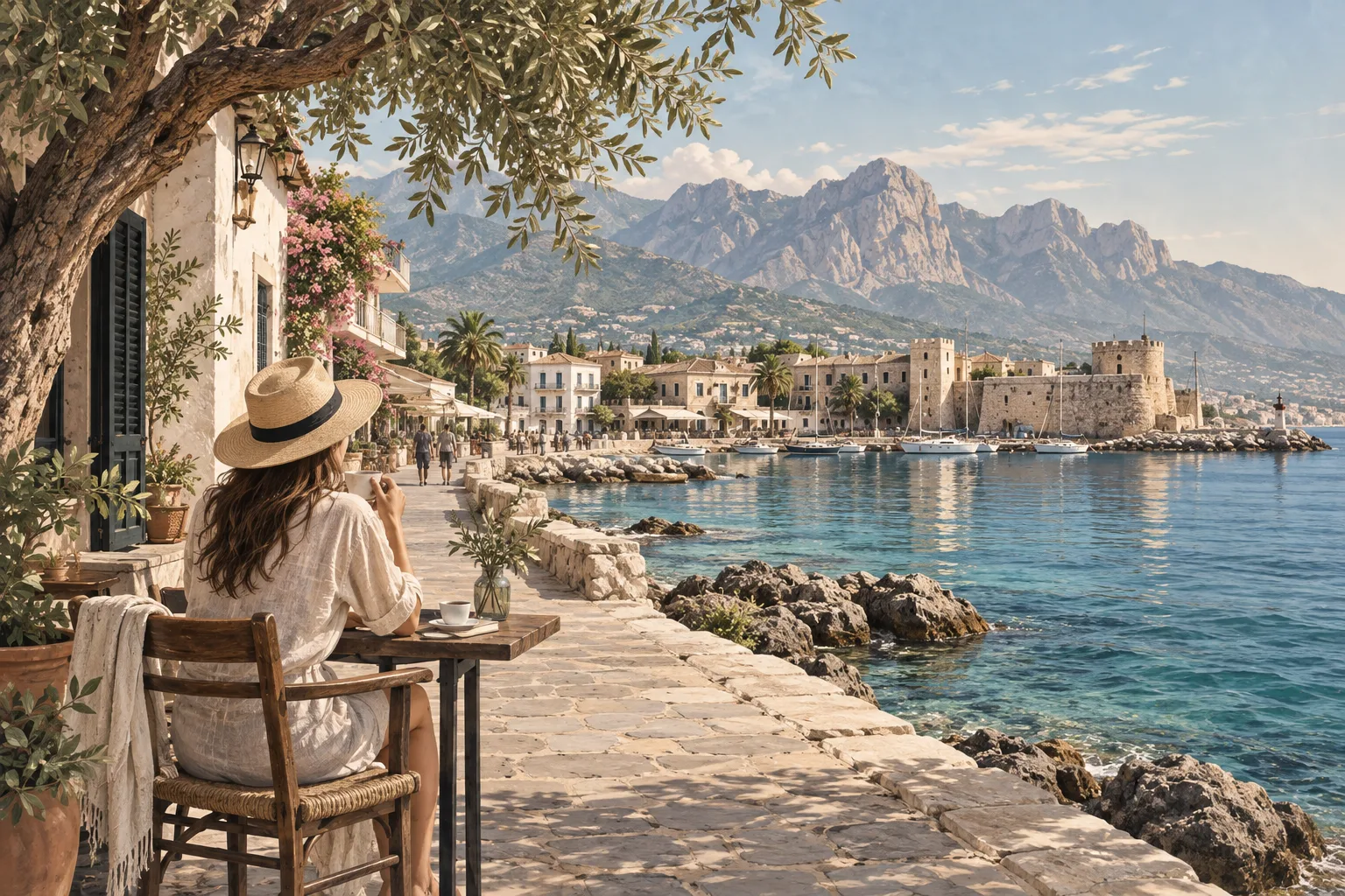 Girne ve Akdeniz kıyı yaşamını yorumlayan temsili editoryal illüstrasyon