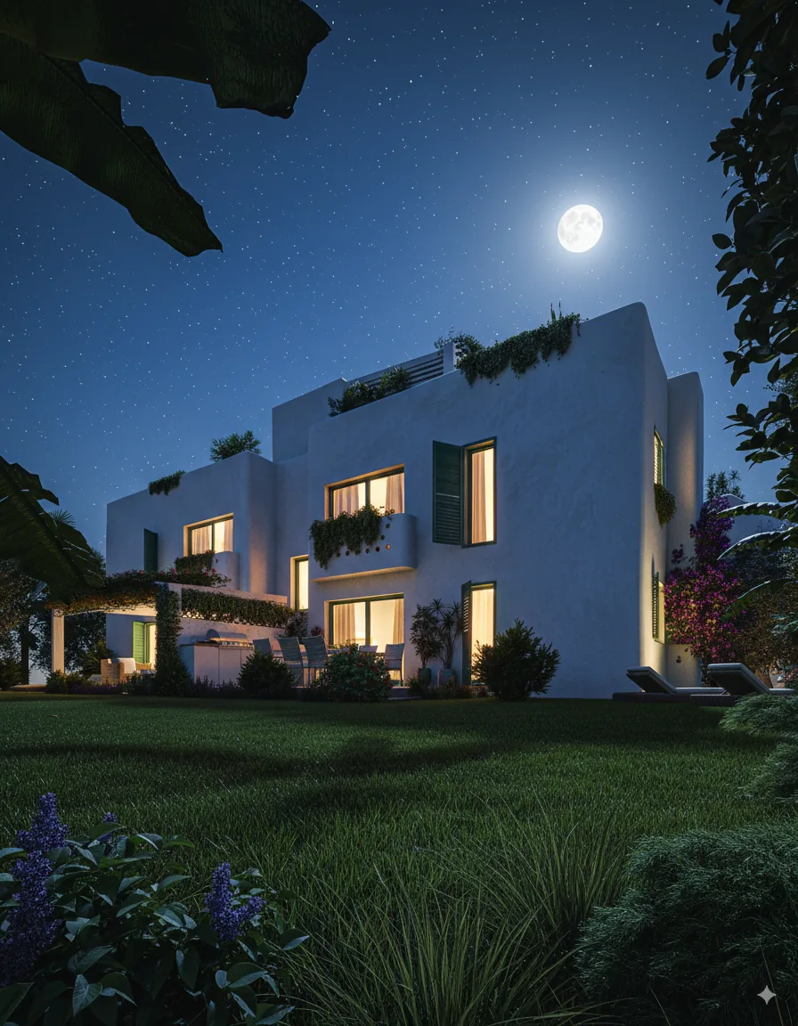 Helios apartmanlarının gece görünümü