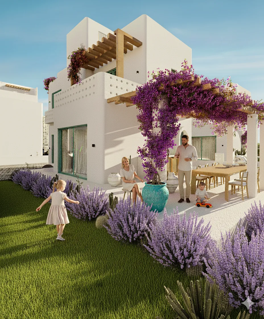Helios villa bahçesinde aile yaşamı